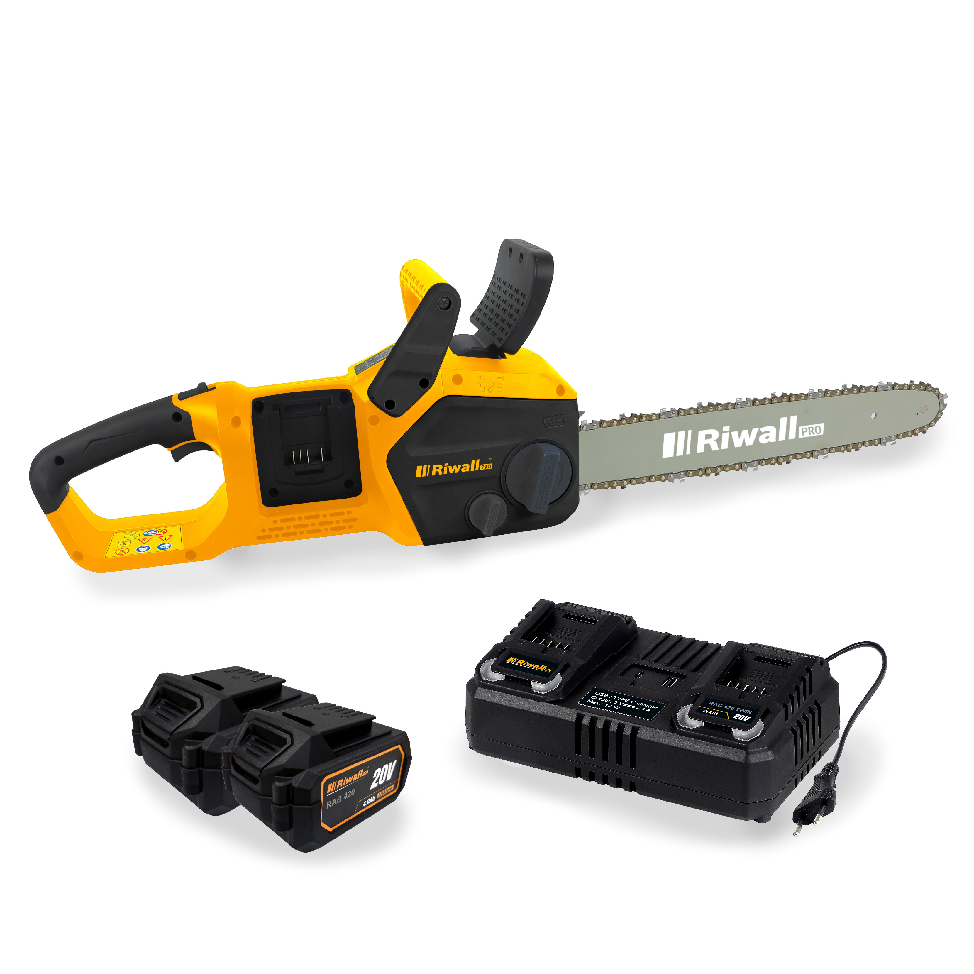Riwall PRO RACS 4020i 2x20V SET - akumulátorová řetězová pila (s 2x4,0 Ah akumulátory a duální rychlonabíječkou 4,5 A)