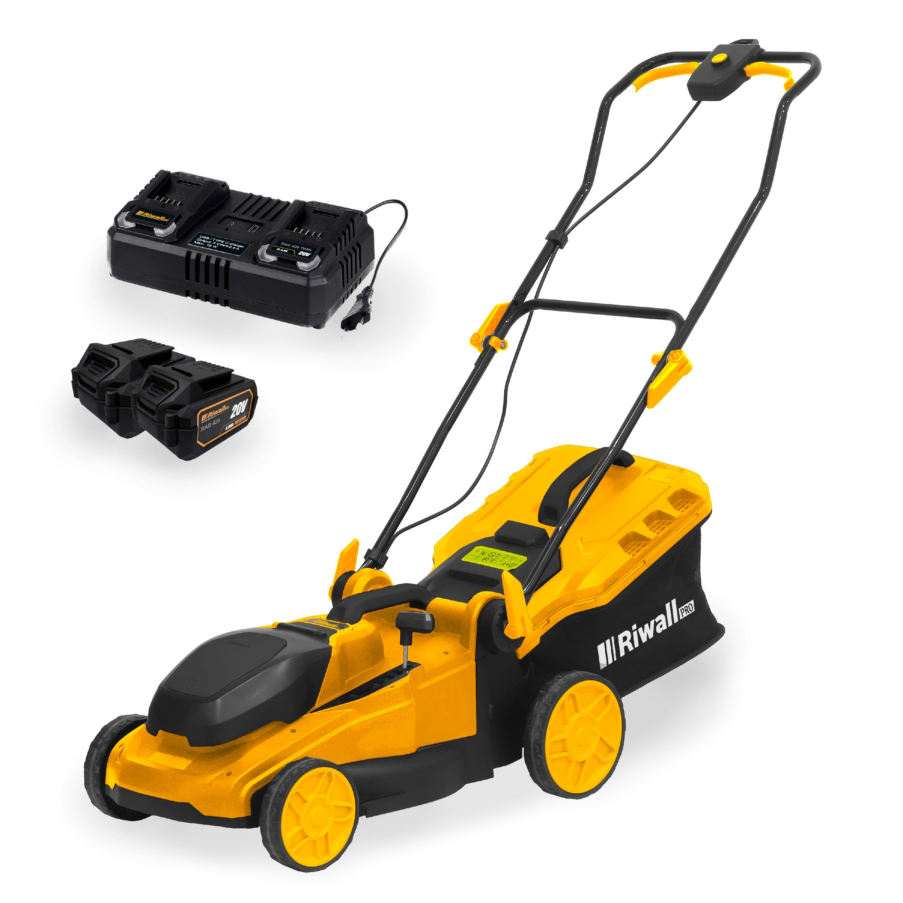 Levně Riwall PRO RALM 4020i 2x20V SET - akumulátorová sekačka (s 2x4,0 Ah akumulátory a duální rychlonabíječkou 4,5 A)