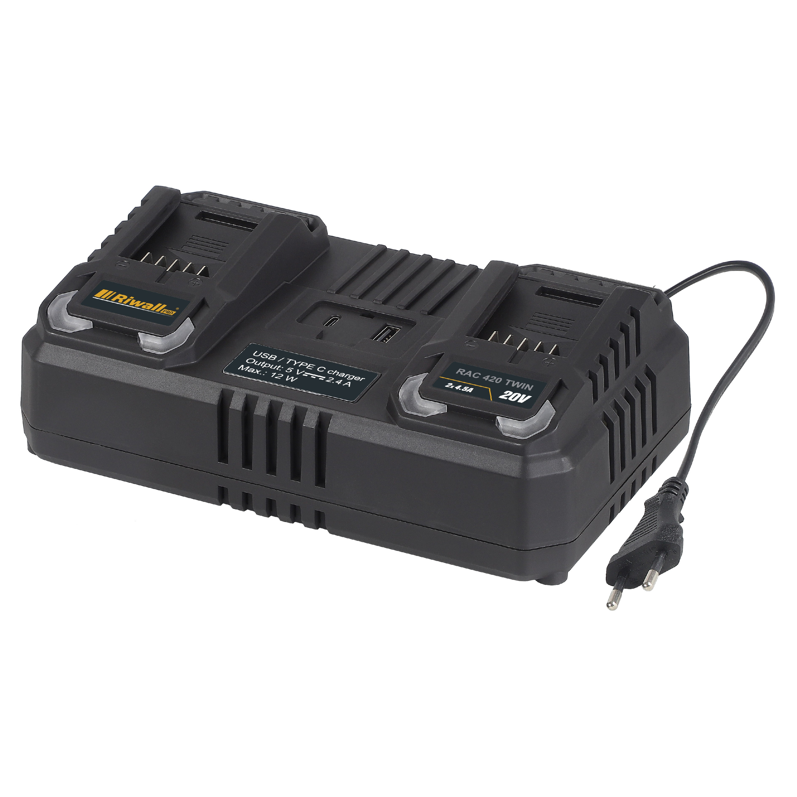 Riwall PRO RAC 420 2x20V TWIN - dvojitá rychlonabíječka pro aku baterie 20 V / (4,5 A