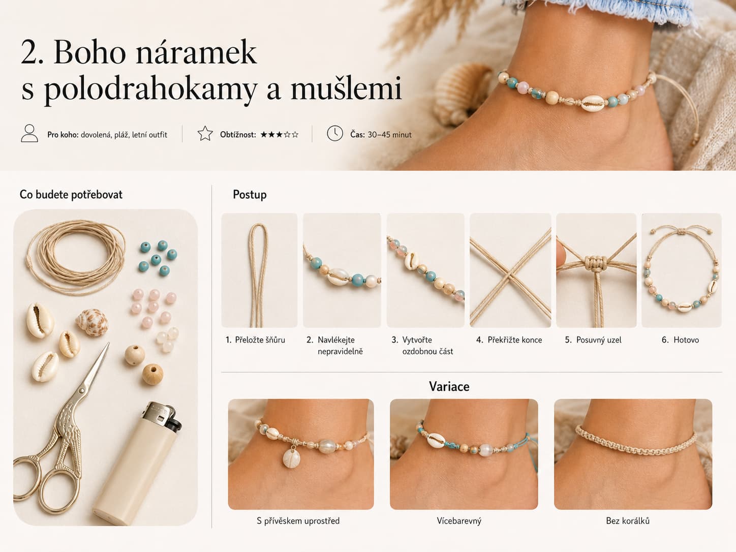 Boho náramek na nohu s polodrahokamy a mušlemi