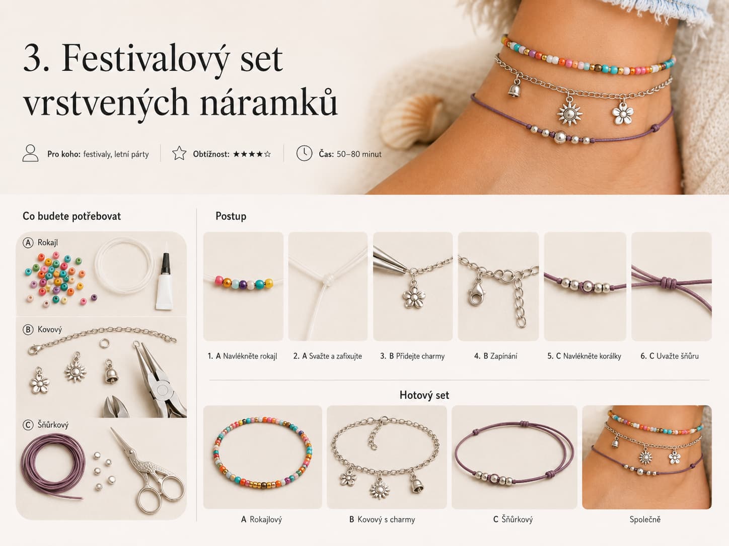 Festivalový vrstvený set náramků na nohu