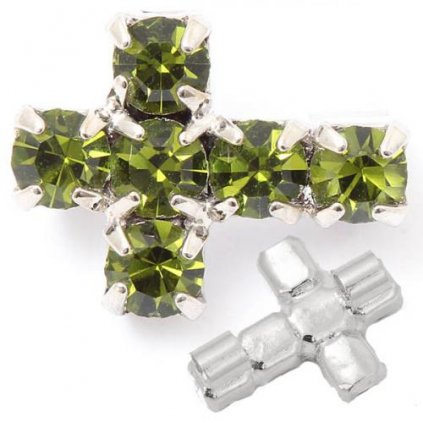 Korálek křížek 10/7mm „horizontal“ olivine/rhodium