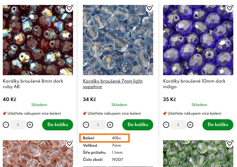 Příklad balení (ks) v kategorii