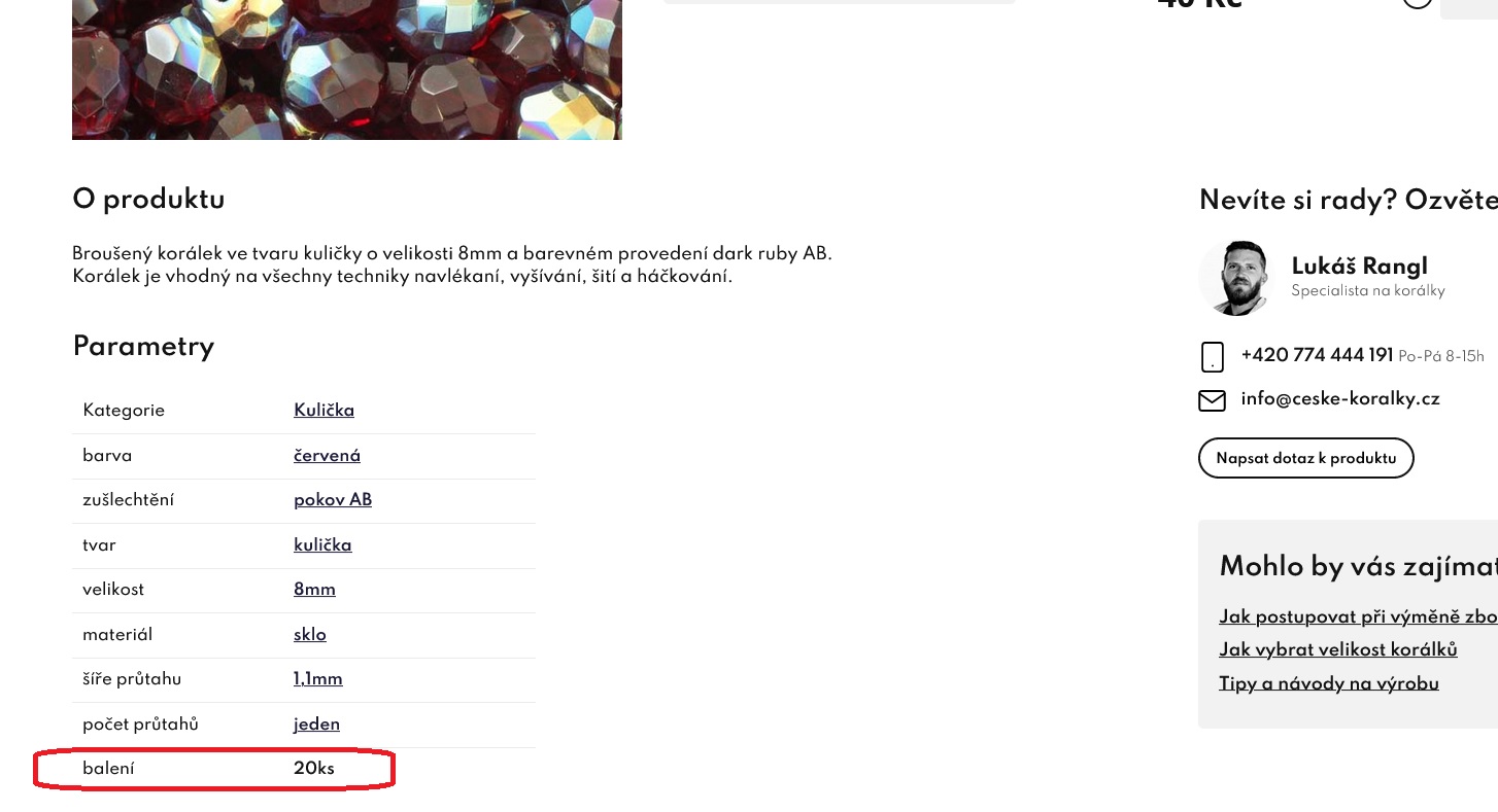 Příklad balení (ks) v detailech produktu