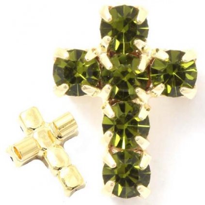 Korálik krížik 10 / 7mm „vertikal“ olivine/gold plating 24kt