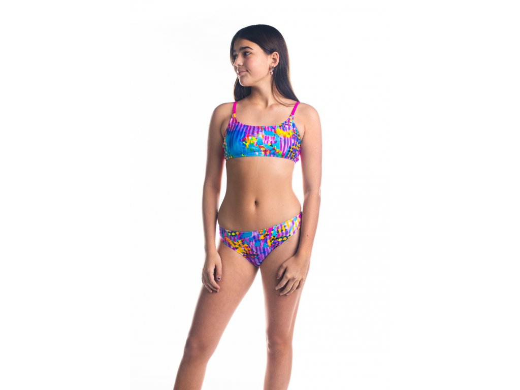 Dívčí plavky dvoudílné s úzkým ramínkem - růžové s barevným vzorem