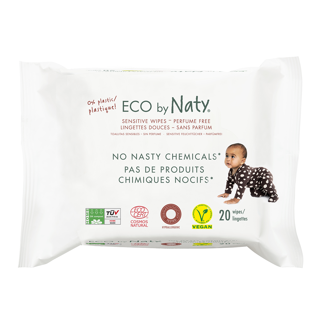 Levně Eco Naty ECO vlhčené ubrousky Naty bez vůně - pro citlivou pokožku (20 ks)