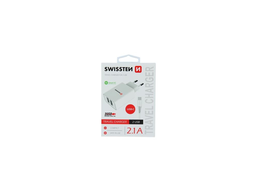 SWISSTEN TRAVEL CHARGER SMART IC WITH 2x USB 2,1A POWER + DATA CABLE USB / TYPE C 1,2 M WHITE