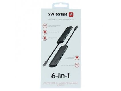 SWISSTEN USB-C HUB 6-IN-1 (USB-C PD, 3x USB 3.0, SD, MICRO SD) ALUMINIUM
