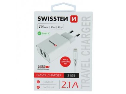 SWISSTEN TRAVEL CHARGER SMART IC WITH 2x USB 2,1A POWER + DATA CABLE USB / LIGHTNING MFi 1,2 M WHITE