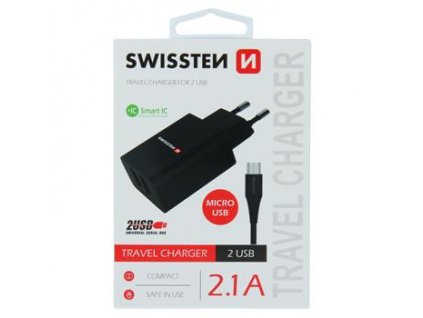 SWISSTEN TRAVEL CHARGER SMART IC WITH 2x USB 2,1A POWER + DATA CABLE USB / MICRO USB 1,2 M BLACK