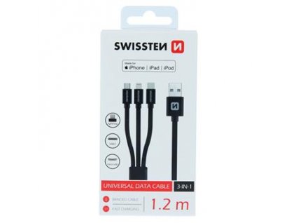 DATA CABLE SWISSTEN TEXTILE 3in1 MFi 1,2 M BLACK (Lightning, USB-C, Micro USB)