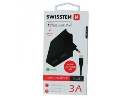 SWISSTEN TRAVEL CHARGER SMART IC WITH 2x USB 3A POWER + DATA CABLE USB / LIGHTNING MFi 1,2 M BLACK