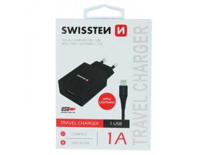 SWISSTEN TRAVEL CHARGER SMART IC WITH 1x USB 1A POWER + DATA CABLE USB / LIGHTNING 1,2 M BLACK