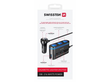 SWISSTEN CAR CHARGER ADAPTER, CIGARETTE LIGHTER 3x CL, 2x USB-C PD, 1x USB-A QA 3.0, OUTPUT POWER 10