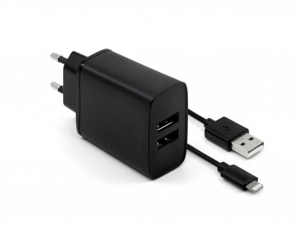 FIXED Dual USB Travel Charger 15W+ USB/Lightning Cable, black