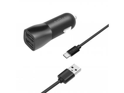 FIXED Dual USB Car Charger 15W+ USB/USB-C Cable, black