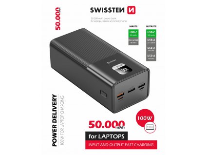 SWISSTEN POWER LINE POWER BANK 50000 mAh FOR LAPTOPS 100W POWER DELIVERY BLACK