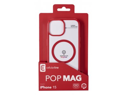 Zadní kryt Cellularline Pop Mag s podporou Magsafe pro Apple iPhone 15, čirý / červený