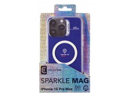 Třpytivý zadní kryt Cellularline Sparkle Mag s podporou Magsafe pro Apple iPhone 15 Pro Max, čirý