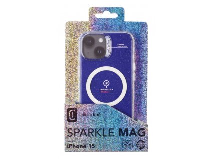 Třpytivý zadní kryt Cellularline Sparkle Mag s podporou Magsafe pro Apple iPhone 15, čirý