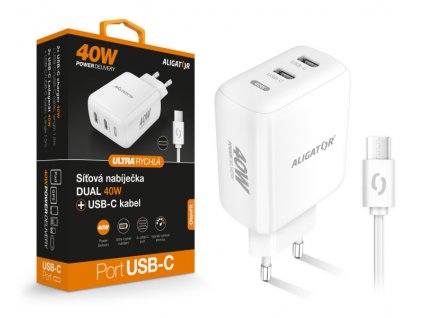 Chytrá síťová nabíječka ALIGATOR, Power Delivery 40W, 2xUSB-C, USB-C/USB-C kabel, bílá