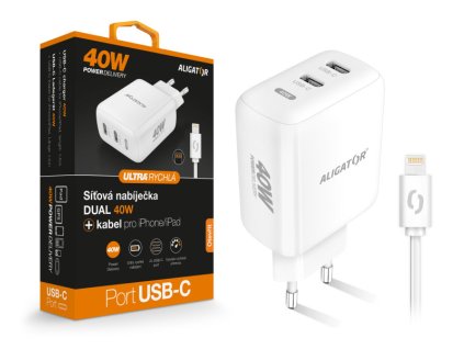 Chytrá síťová nabíječka ALIGATOR, Power Delivery 40W, 2xUSB-C, USB-C/Lightning kabel, bílá