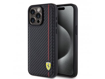 Ferrari PU Leather Carbon Vertical Red Line Zadní Kryt pro iPhone 15 Pro Max Black