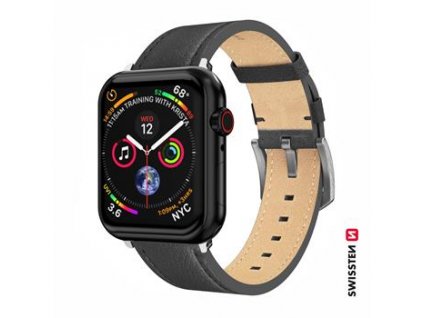 SWISSTEN LEATHER BAND FOR APPLE WATCH 42 / 44 / 45 / 49 mm BLACK (silver buckle and silver lug)