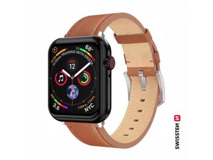 SWISSTEN LEATHER BAND FOR APPLE WATCH 42 / 44 / 45 / 49 mm BROWN (silver buckle and silver lug)