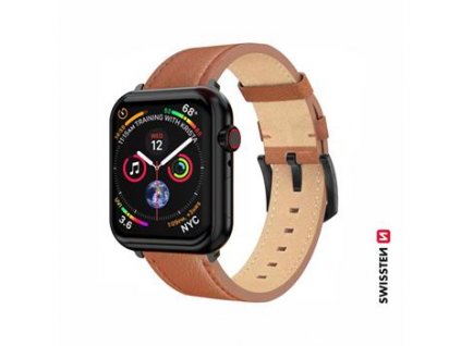 SWISSTEN LEATHER BAND FOR APPLE WATCH 42 / 44 / 45 / 49 mm BROWN (black buckle and black lug)