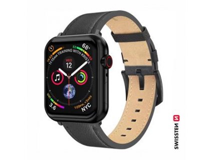 SWISSTEN LEATHER BAND FOR APPLE WATCH 42 / 44 / 45 / 49 mm BLACK (black buckle and black lug)