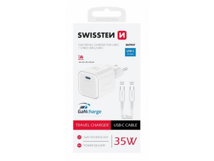 SWISSTEN TRAVEL CHARGER GaN 1x USB-C 35W POWER DELIVERY WHITE + DATA CABLE USB-C/USB-C 1,2 M WHITE