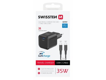 SWISSTEN TRAVEL CHARGER GaN 1x USB-C 35W POWER DELIVERY BLACK + DATA CABLE USB-C/USB-C 1,2 M BLACK