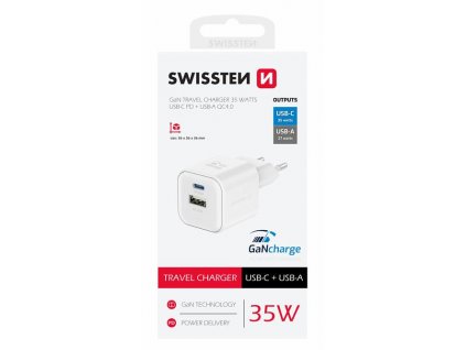 SWISSTEN TRAVEL CHARGER GaN 1x USB-C 35W PD + 1x USB-A 27W QC WHITE