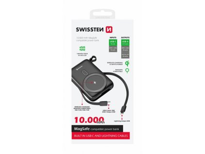 SWISSTEN POWER BANK 10000 mAh 20W (MagSafe compatible) WITH BUILT-IN CABLES USB-C AND LIGHTNING