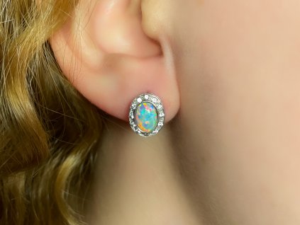 Zlaté náušnice s opálem a zirkony bílé zlato 2000273820006