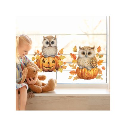 Samolepka na okno - Dvě sovy a dýně