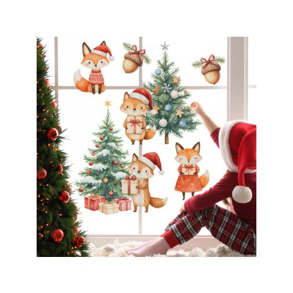 Samolepka na okno - Vánoce s liškami