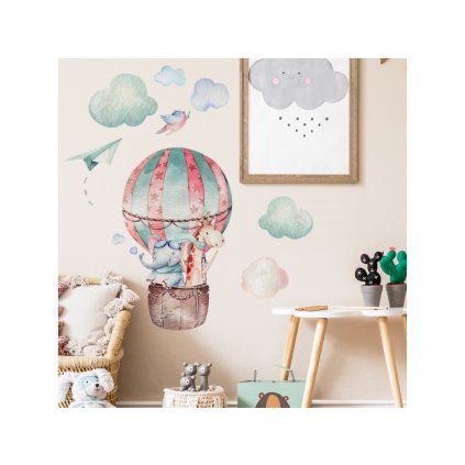 Samolepka na zeď - Balón, slon a žirafa