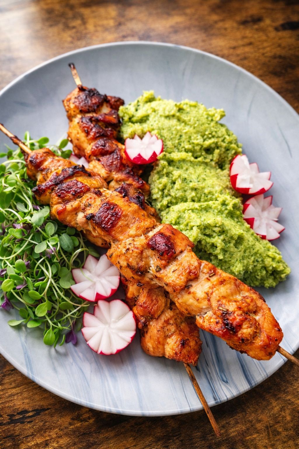 Kuřecí špízy s brokolicovou kaší