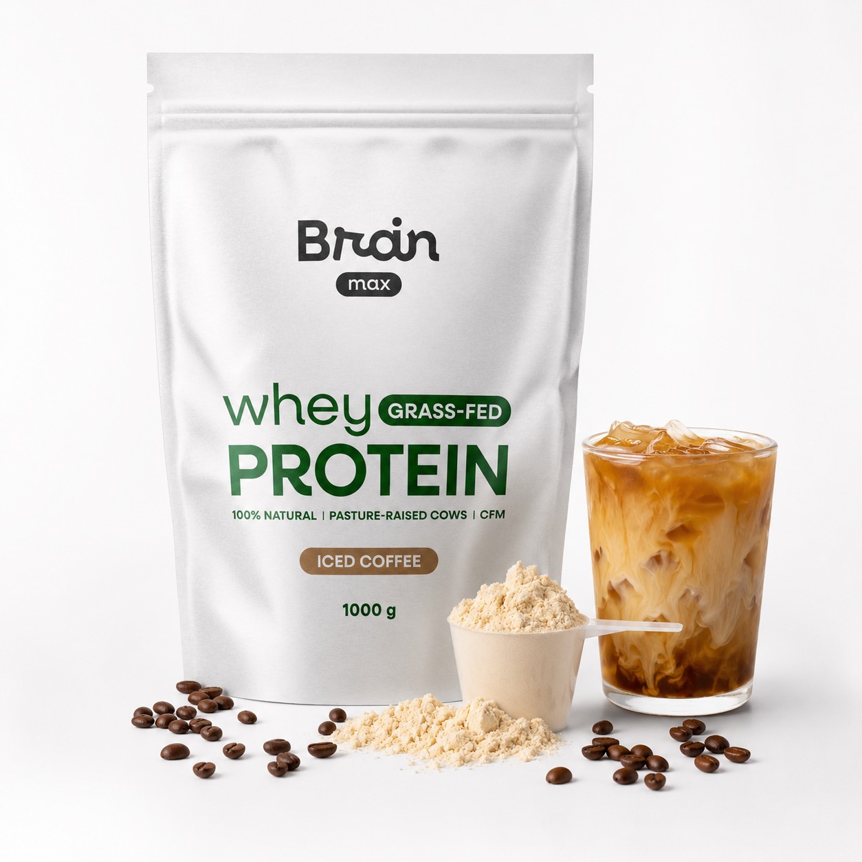 BrainMax Grass-fed Whey Protein Ledová káva se zobrazením hlavních složek