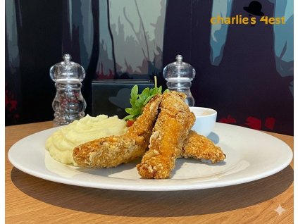 Kuřecí stripsy v cornflakes s máslovou bramborovou kaší a salátkem Coleslaw