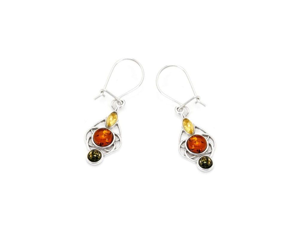 round multi colored amber drop earrings in 925 rhodium plated silver