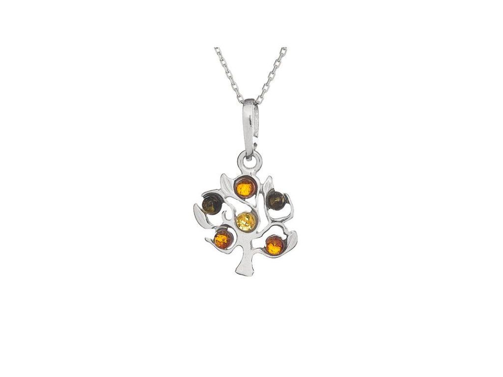 tree pendant with natural multi colored amber in 925 rhodium plated silver