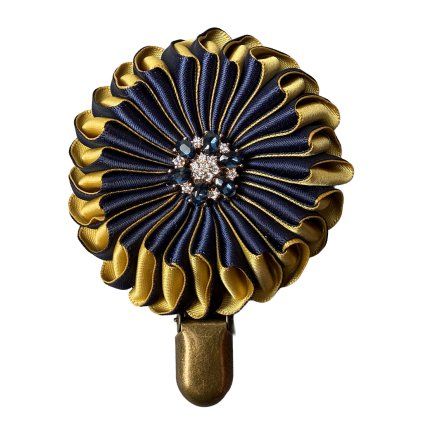 Satin Brooch with Ink Blue Rhinestone Flower Button