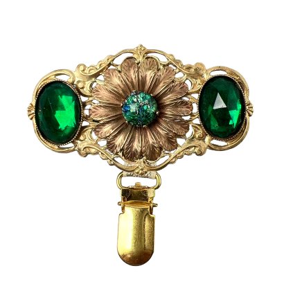 Antique Art Nouveau Brooch with Emerald Green Glass Rhinestones