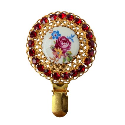 Dobová brož s porcelánovou růží a kvítky