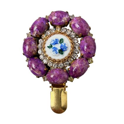Brooch with Blue Roses on White Centre