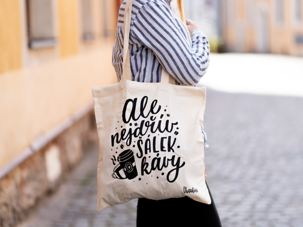 Levně Plátěná taška "Ale nejdřív šálek kávy"